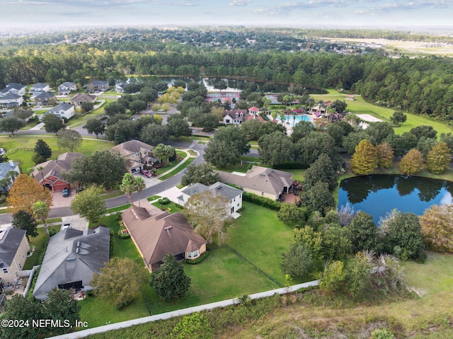 drone / aerial view with a water view