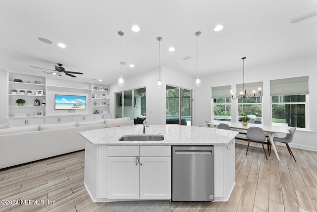 kitchen with dishwasher, sink, hanging light fixtures, an island with sink, and white cabinetry