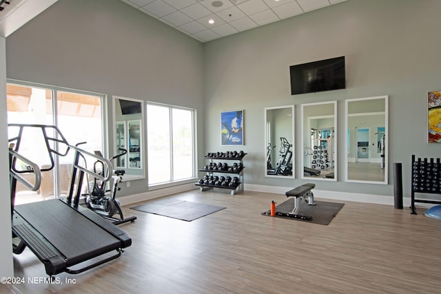 gym featuring a high ceiling and hardwood / wood-style flooring