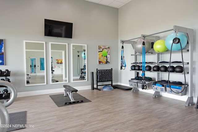 workout area with a towering ceiling and hardwood / wood-style flooring