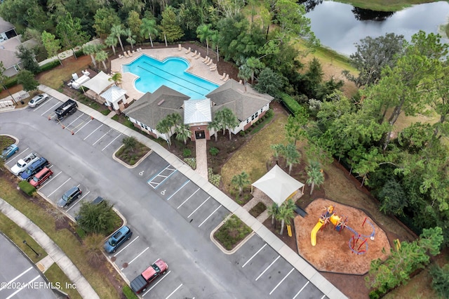 drone / aerial view featuring a water view