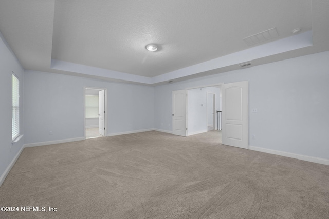 unfurnished room with a raised ceiling, a wealth of natural light, light colored carpet, and a textured ceiling