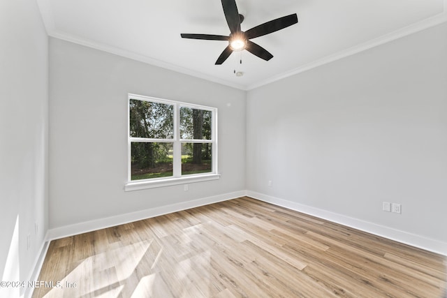 unfurnished room with ceiling fan, light hardwood / wood-style floors, and ornamental molding