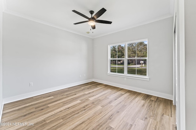 unfurnished room with ceiling fan, light wood-type flooring, and crown molding