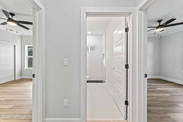 corridor with crown molding and light wood-type flooring