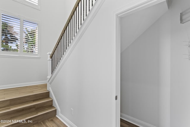 stairway featuring wood-type flooring