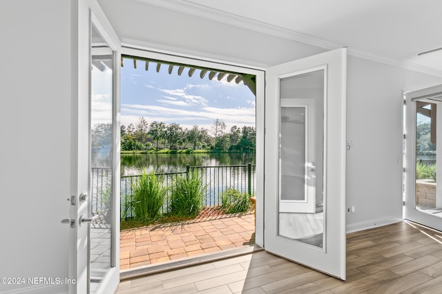 doorway to outside featuring ornamental molding, light wood-type flooring, a water view, and a healthy amount of sunlight