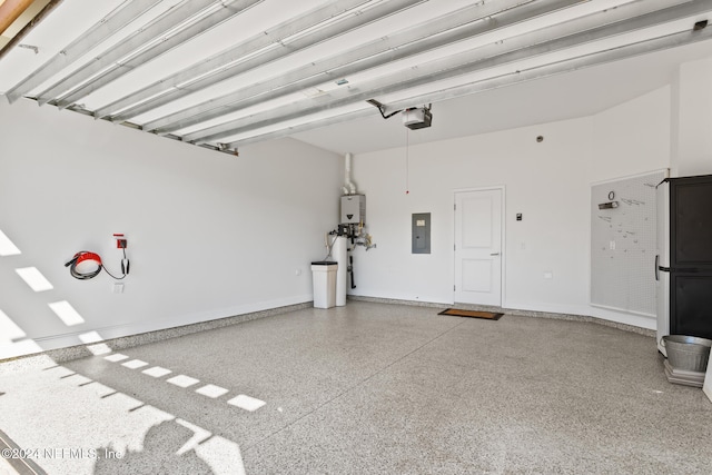 garage with a garage door opener, electric panel, and water heater