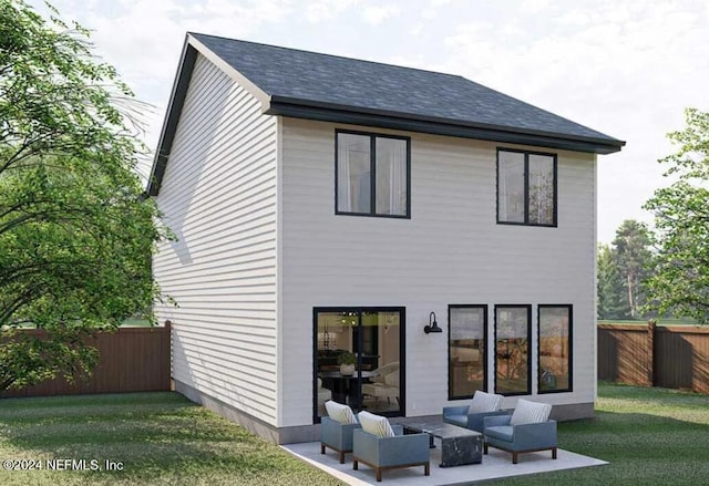 rear view of house featuring outdoor lounge area, a yard, and a patio