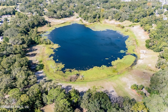 drone / aerial view with a water view