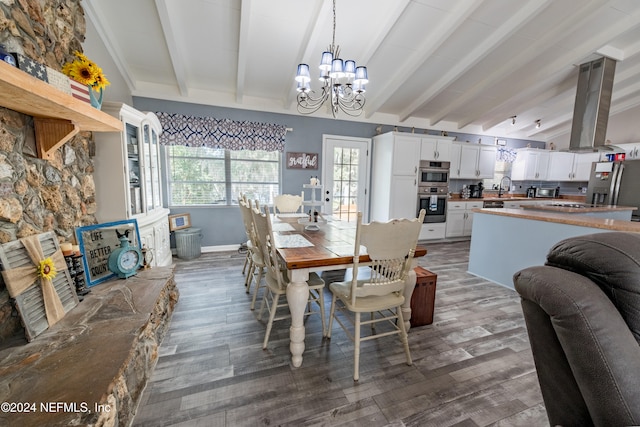 dining area featuring sink, lofted ceiling with beams, dark hardwood / wood-style floors, and a notable chandelier