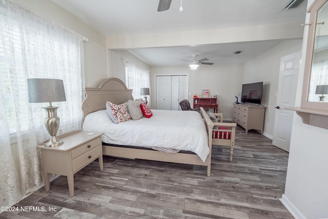 bedroom featuring a closet, ceiling fan, and hardwood / wood-style flooring