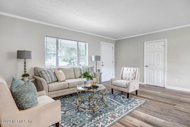 living room featuring hardwood / wood-style floors, a textured ceiling, and ornamental molding