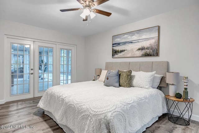 bedroom with ceiling fan, wood-type flooring, access to outside, and french doors