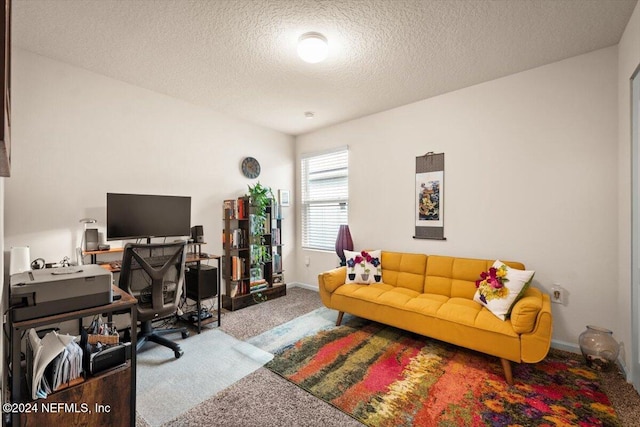 office area with carpet flooring and a textured ceiling