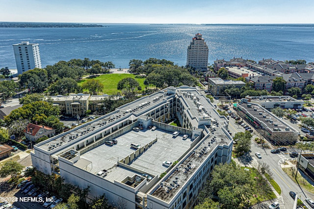 drone / aerial view featuring a water view