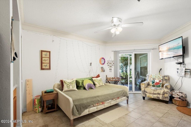 bedroom featuring crown molding, ceiling fan, a textured ceiling, and access to outside