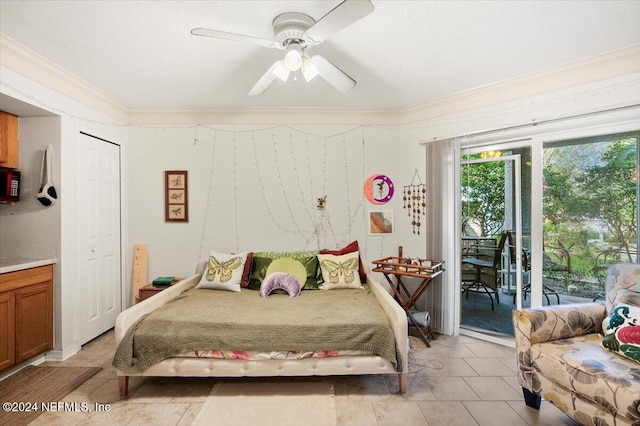 bedroom with access to exterior, ornamental molding, and ceiling fan