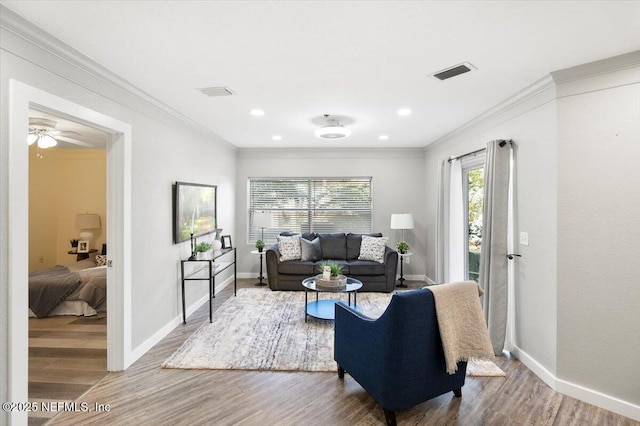 living room featuring crown molding and wood-type flooring