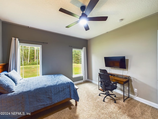 carpeted bedroom featuring ceiling fan, a textured ceiling, and multiple windows