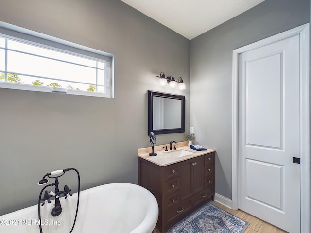 bathroom featuring a tub to relax in, vanity, and hardwood / wood-style flooring