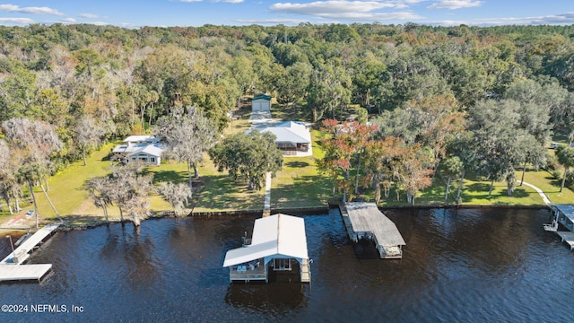 drone / aerial view featuring a water view