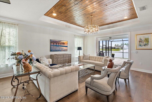 living room featuring a tray ceiling, hardwood / wood-style floors, wood ceiling, and a chandelier