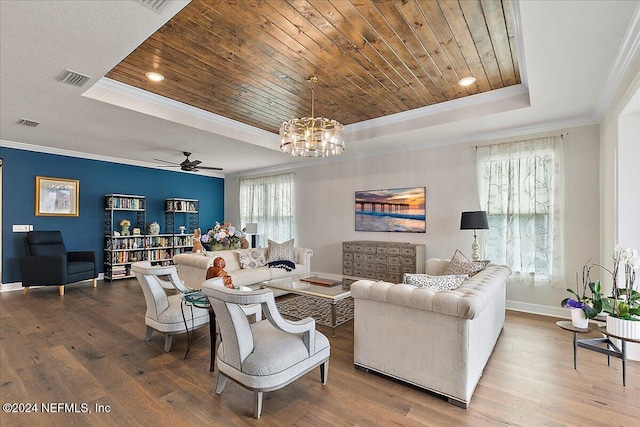 living room with wood-type flooring, a tray ceiling, ornamental molding, and wood ceiling