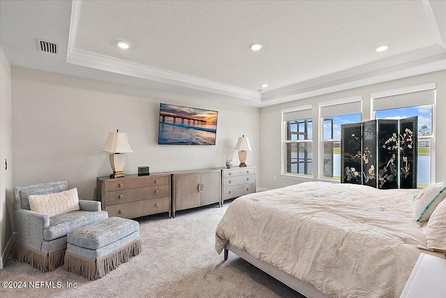 carpeted bedroom with a raised ceiling, crown molding, and a textured ceiling