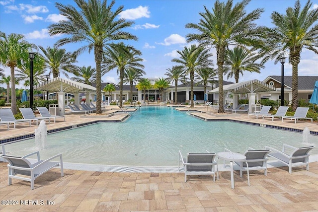 view of pool with pool water feature and a patio area