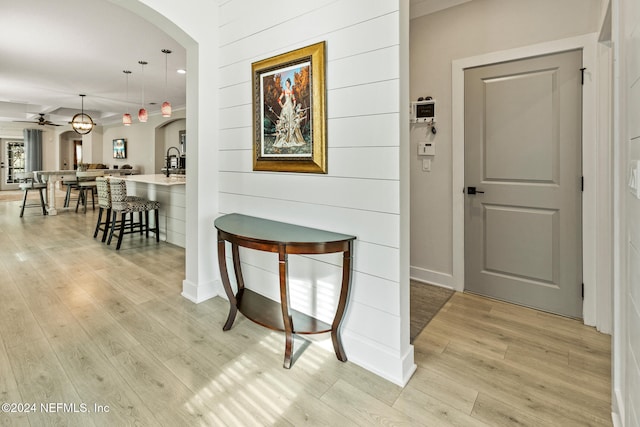 hall with light wood-type flooring, sink, and wooden walls