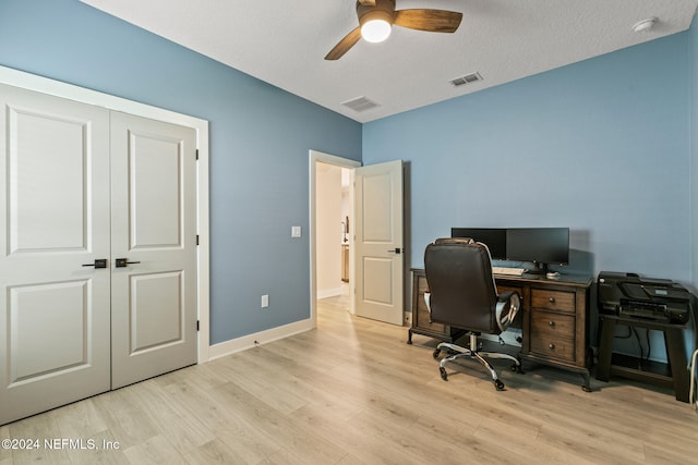 office area featuring a textured ceiling, light wood-type flooring, and ceiling fan