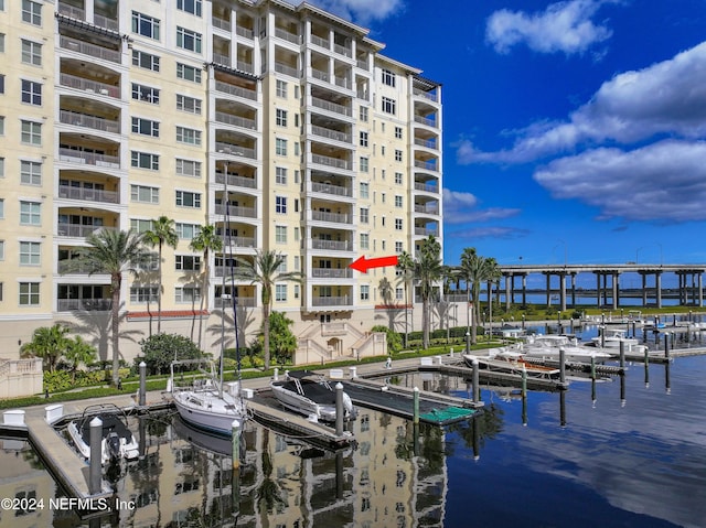 view of building exterior featuring a water view