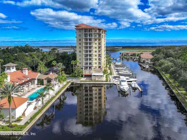 drone / aerial view featuring a water view