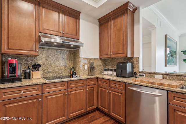 kitchen featuring dishwasher, black electric stovetop, ornamental molding, tasteful backsplash, and dark hardwood / wood-style flooring