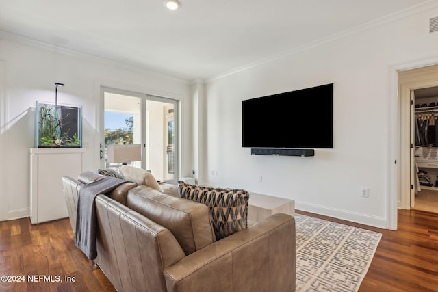 living room featuring crown molding and dark wood-type flooring