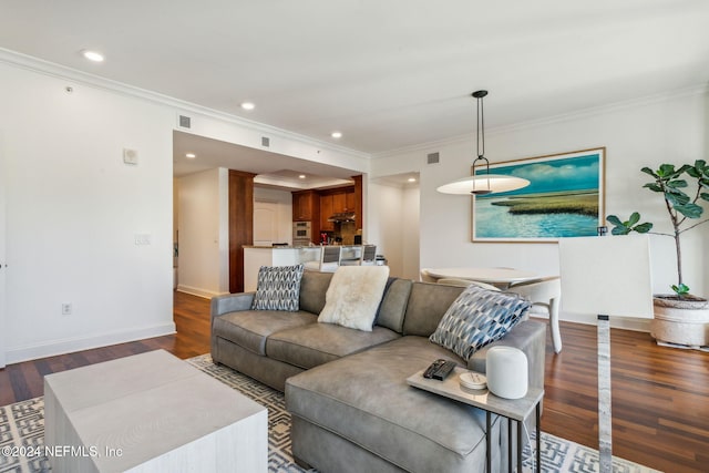 living room featuring dark hardwood / wood-style floors and ornamental molding