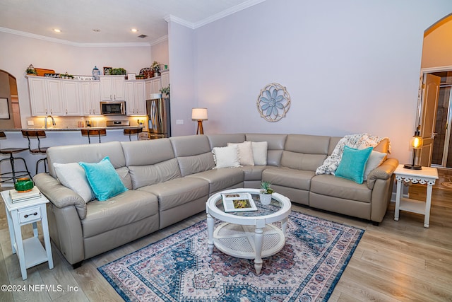 living room with light wood-type flooring, crown molding, and sink