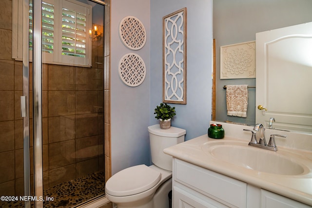 bathroom with vanity, toilet, and a shower with shower door