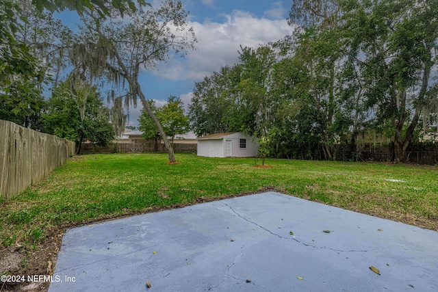 view of yard featuring a patio area and an outdoor structure