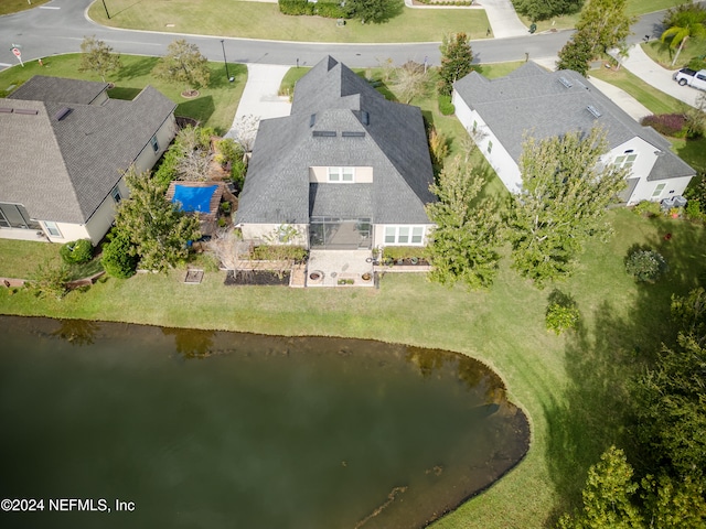 drone / aerial view featuring a water view