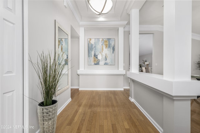 hallway featuring wood-type flooring and crown molding