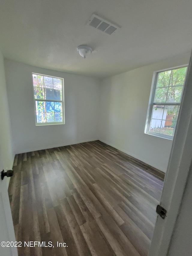 unfurnished room featuring plenty of natural light and dark wood-type flooring