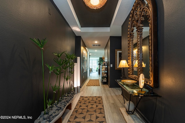 hall with a raised ceiling and light hardwood / wood-style flooring