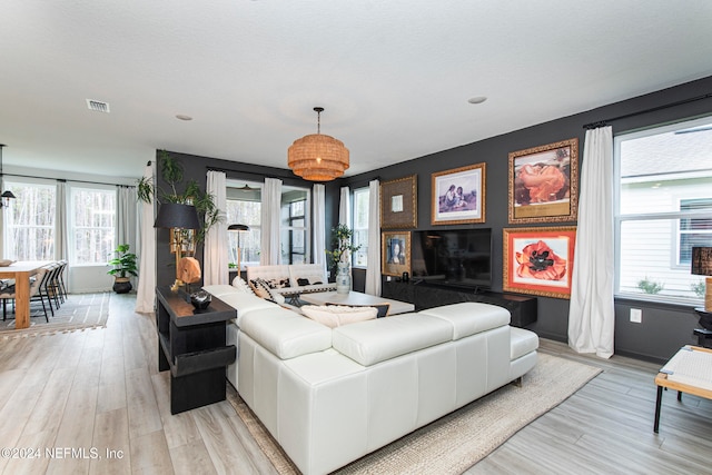 living room with plenty of natural light and light hardwood / wood-style flooring