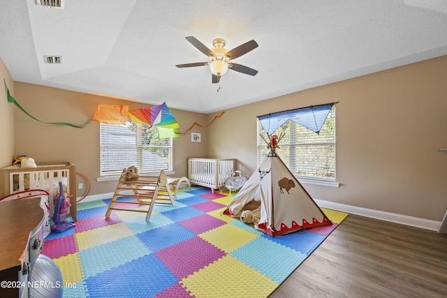 recreation room with ceiling fan, wood-type flooring, a wealth of natural light, and a tray ceiling