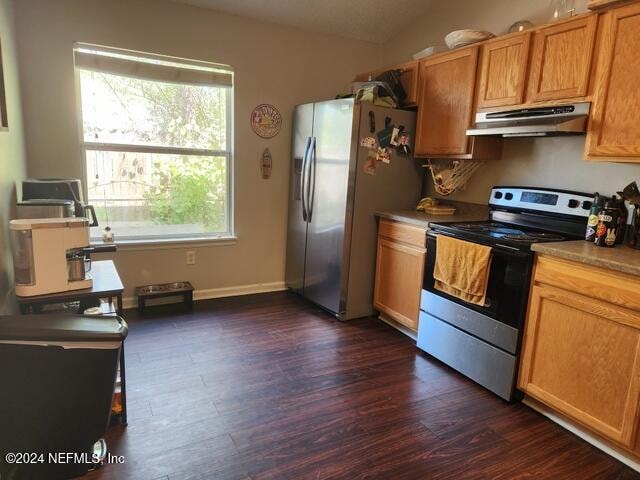 kitchen with dark hardwood / wood-style flooring, appliances with stainless steel finishes, and vaulted ceiling