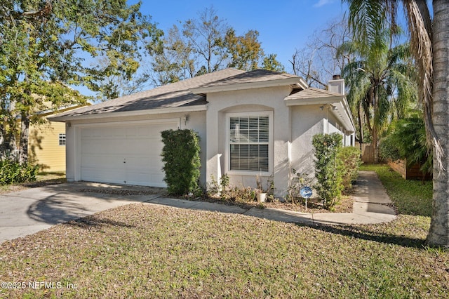 view of front of house featuring fence, driveway, an attached garage, a chimney, and stucco siding