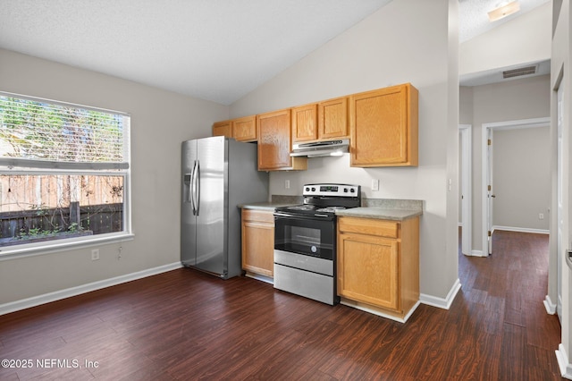 kitchen with vaulted ceiling, visible vents, under cabinet range hood, and stainless steel appliances