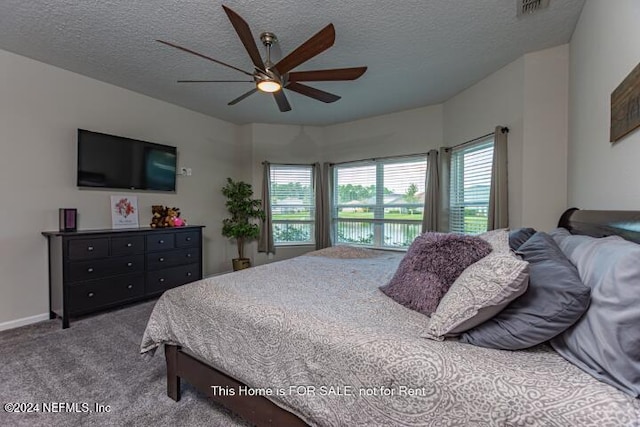 bedroom featuring multiple windows, a textured ceiling, and ceiling fan